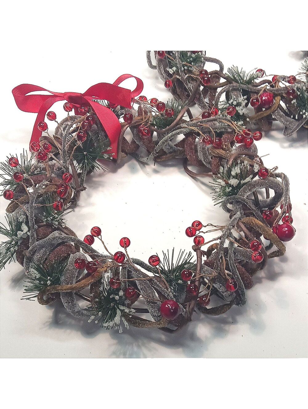 2 10" Artificial Pine Twig Wreath Red Berries & Ribbon Bow Christmas Door Decor